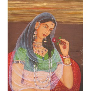 Syed A. Irfan, Mughal Lady, 10 x 8 Inch, Watercolor, Teawash& Gold on Wasli, Figurative Painting, AC-SAI-032